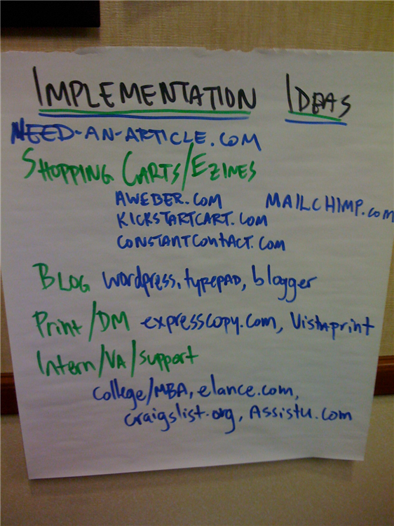 Implementation ideas we generate toward the end of our strategy process and before we finalize your Action Sheet and your 30-60 day game plan to implement what we worked on.